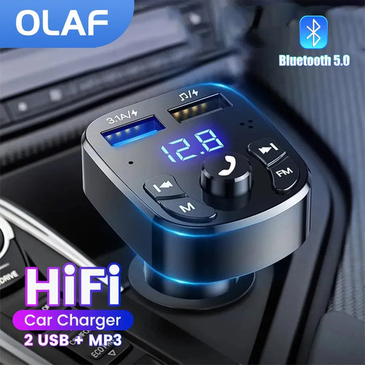 OLAF Car Bluetooth 5.0 FM Transmitter - Dual USB Port Car Charger & MP3 Receiver - 3.1A Fast Charger Audio Receiver