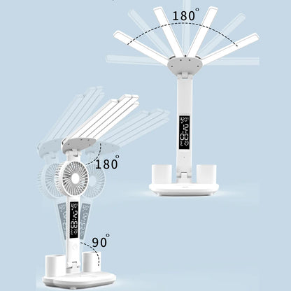 3-in-1 Multifunction Table Lamp: LED Four-Headed Folding with Fan, Calendar Clock - USB Rechargeable Desk Light, 3 Color Reading Lamp