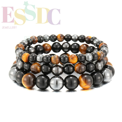 Natural Tiger Eye, Black Obsidian, and Hematite Beads Bracelet - Magnetic Health Protection Jewelry for Men and Women, Soulful Gift for Family