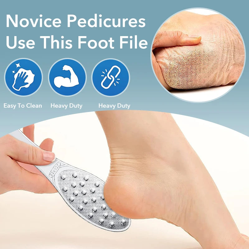 Stainless Steel Foot Scraper - Double-Sided Metal Foot File, Professional Callus Remover for Wet or Dry Skin, Pedicure Heel Tool