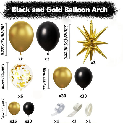 121Pcs Black and Gold Balloon Garland Arch Kit - Starburst Foil Balloons for New Year's, Wedding, and Birthday Party Decorations