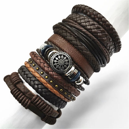 10 Piece Black Woven Wrap Bracelet Set | Handmade Fashion Leather Bangle Jewelry Gift for Men and Women