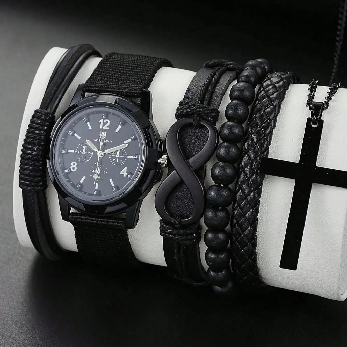 6PCS Men's Fashion Set - '8' Shaped Pu Leather Beaded Bracelet, Mechanical Watch and Cross Pendant Necklace in Black