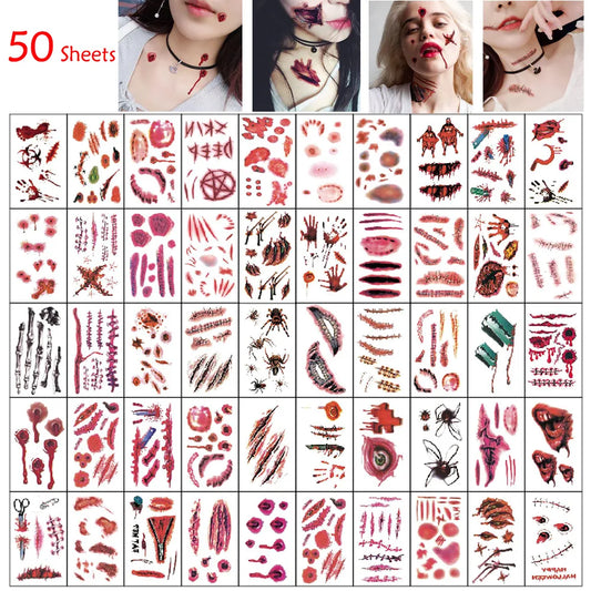 50 Sheets Halloween Theme Bloody Wound Tattoo Stickers - Waterproof Temporary Face Makeup for Kids' Halloween Party Decoration and Favors