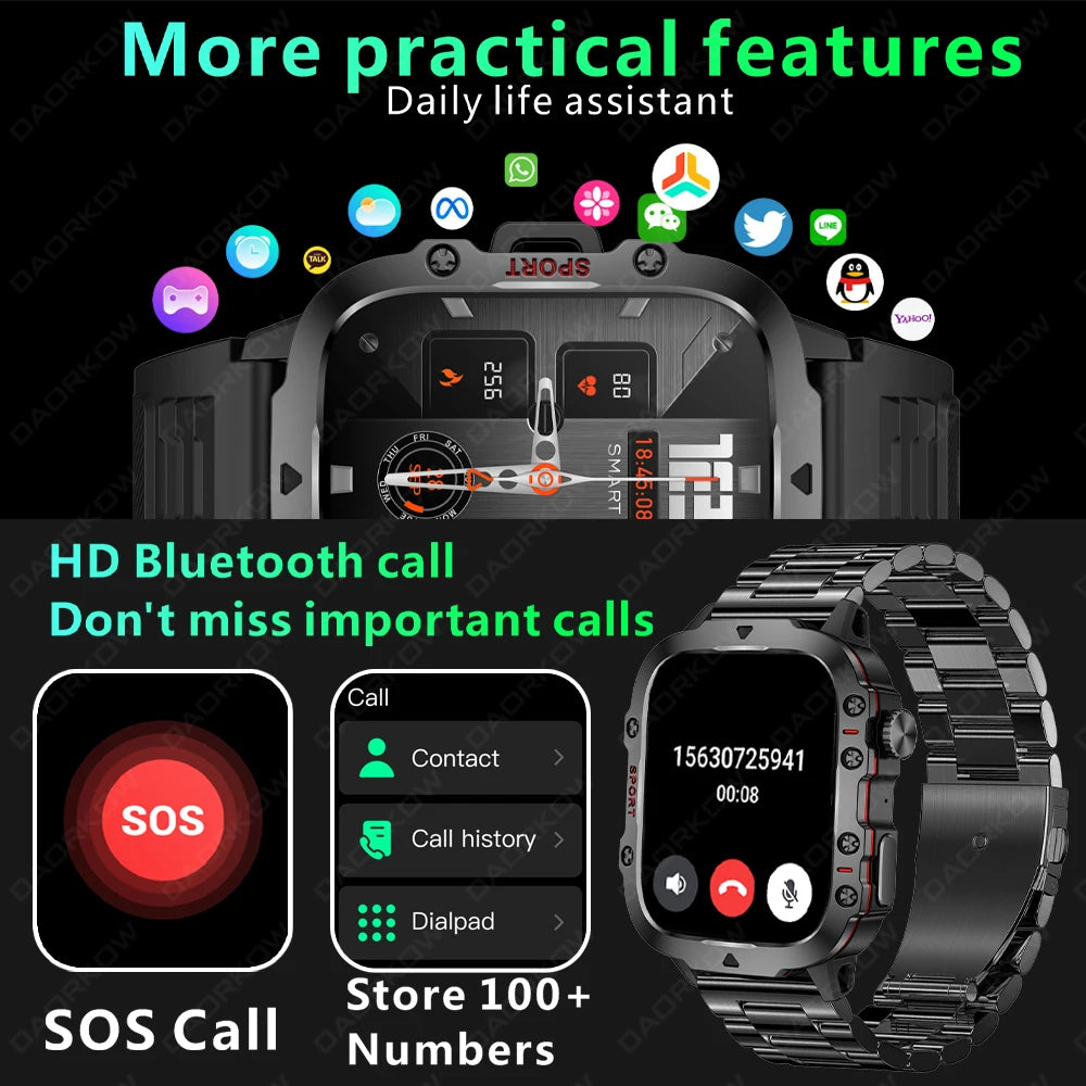 2023 Rugged Military Smart Watch – 2.01'' AI Voice, Bluetooth Call, IP68 Waterproof, Fitness Features for Men, Compatible with Android & iOS