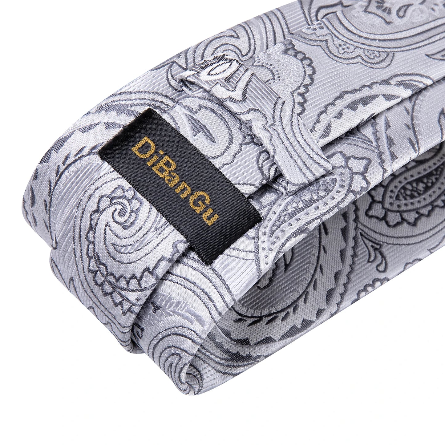 Grey and Gold Paisley Silk Necktie Set - 8cm Tie, Handkerchief, Cufflinks - Black Pink Grey Floral Design for Wedding and Party - Men's Gift