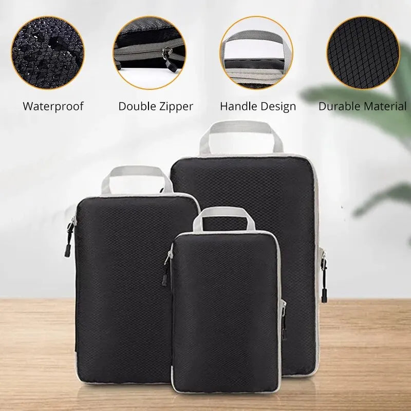 3Pcs/set Compressible Travel Storage Bags: Black/Blue/Grey Portable Large Capacity Suitcase Luggage Packing Cubes