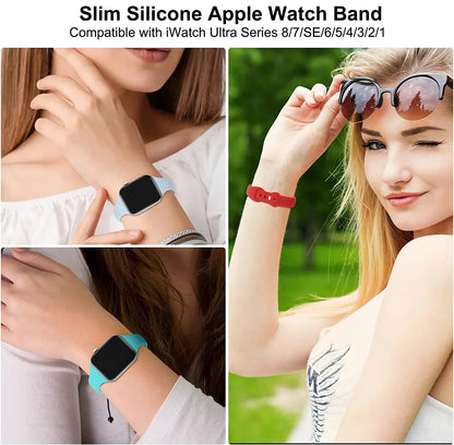 Thin Silicone Strap for Apple Watch – 38mm, 40mm, 41mm, 42mm, 44mm, 45mm, Solid Color Bracelet for iWatch Series 1 2 3 4 5 6 7, SE