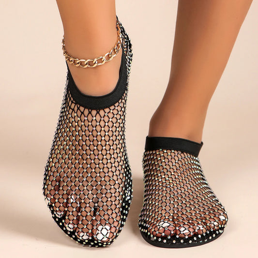 Summer Luxury Women's Flat Sandals: Round Toe Design | Hollow Short Boots | Water Diamond Embellishments