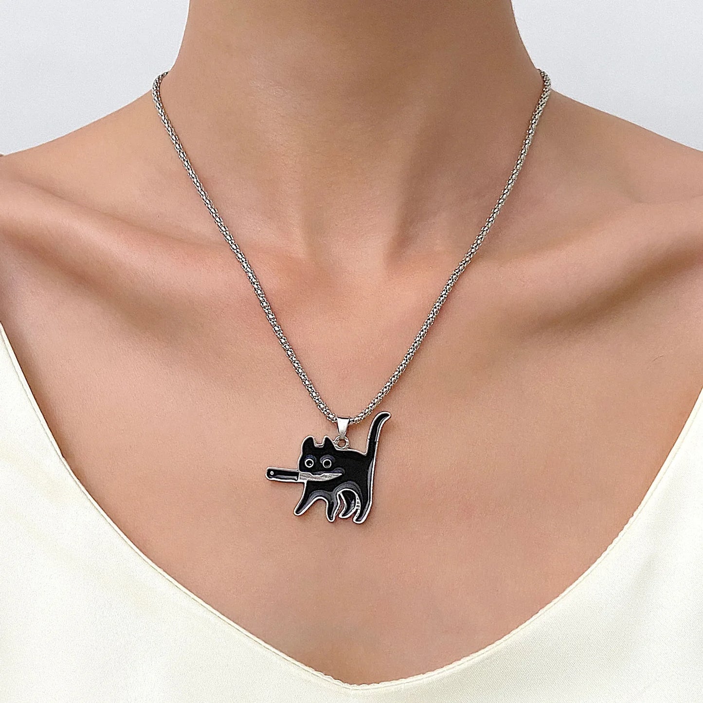 Hip Hop Fashion Knife Cat Necklace - Black Cat Pendant for Women & Men, Kpop Style, Sweater Chain Jewelry, Party Gift  2023