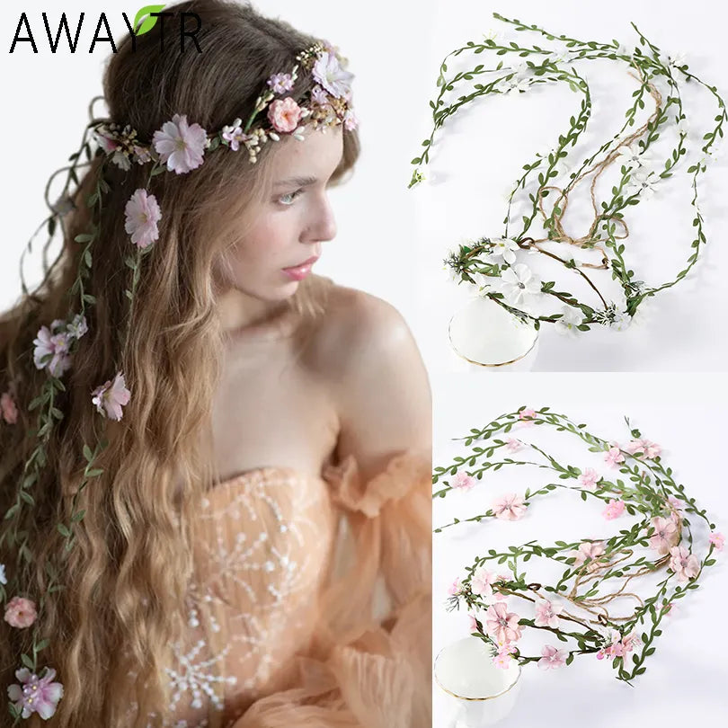 Bohemian Rattan Flower Vines Crown Headband - Bridal Wedding Hair Accessories for Girls Hairstyles