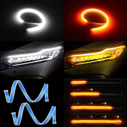 2pcs 12V LED DRL Car Daytime Running Light Strip - Flexible Waterproof Auto Headlights with White Turn Signal and Yellow Brake Flow Lights