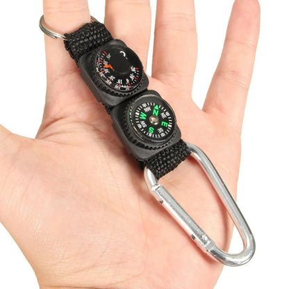 Universal 3 in 1 Camping Carabiner - Mini Keychain with Compass, Thermometer, and Key Ring for Climbing & Hiking