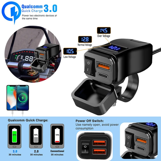 PD QC3.0 Motorcycle USB Fast Charger – Waterproof Type C Port with Mobile Voltmeter and Digital Display