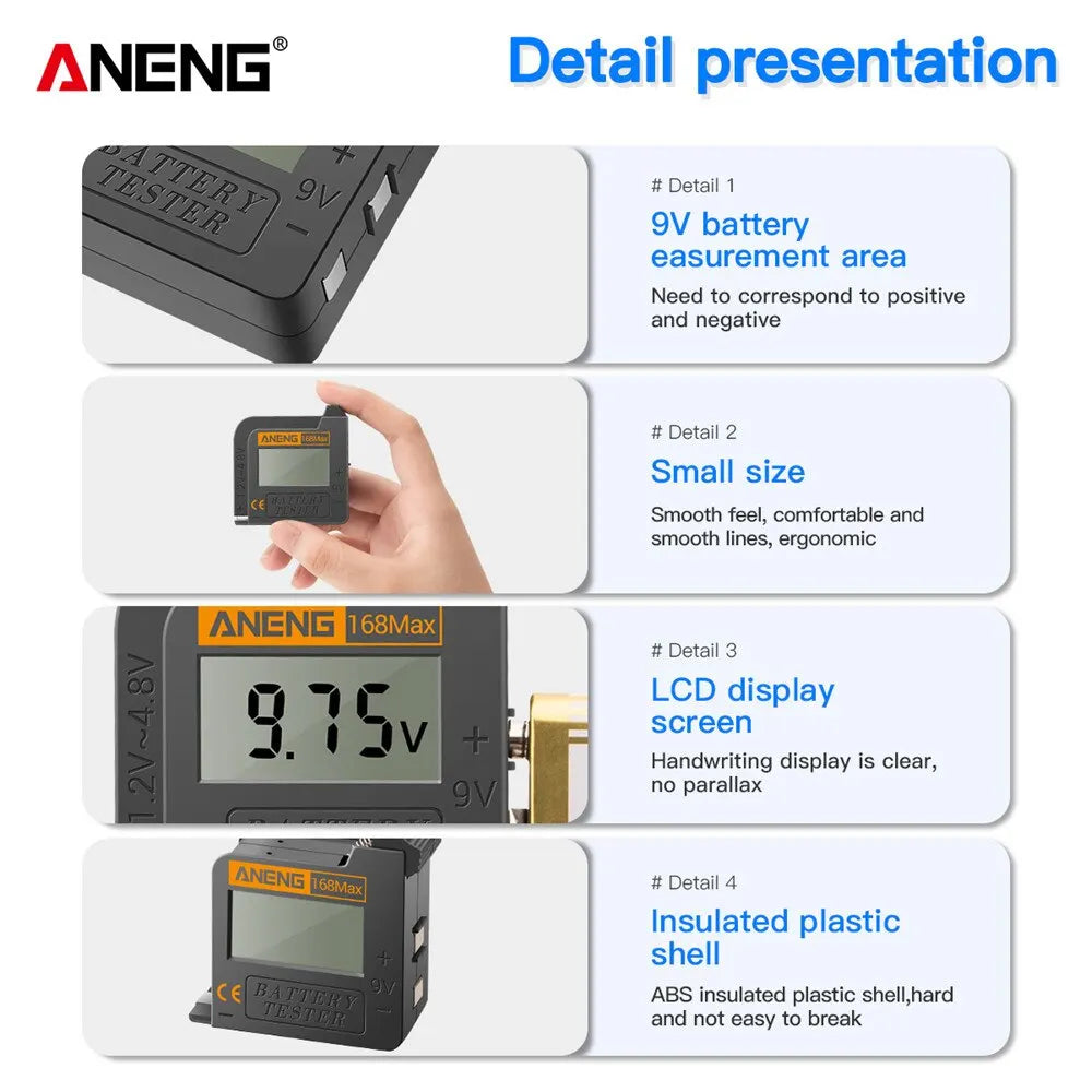 ANENG 168Max Digital Battery Tester - Universal Lithium and Cell Battery Capacity Analyzer with Display for AAA, AA, and Button Cells