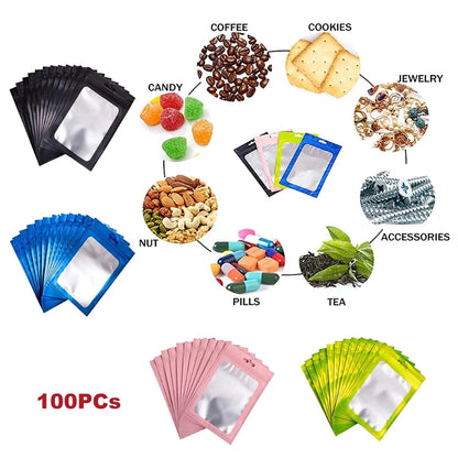 100 Pcs Flat Foil Lock Bags: Resealable Mylar Ziplock Bags, One Side Clear, Smell-Proof for Bath Salt and Cosmetics