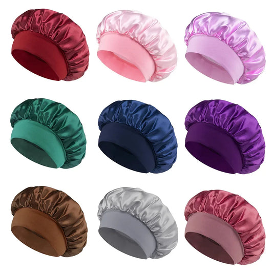 Women's Satin Hair Bonnet for Sleeping - Silk Wide-Brimmed Sleeping Hat with Elastic Soft Band for Hair Care