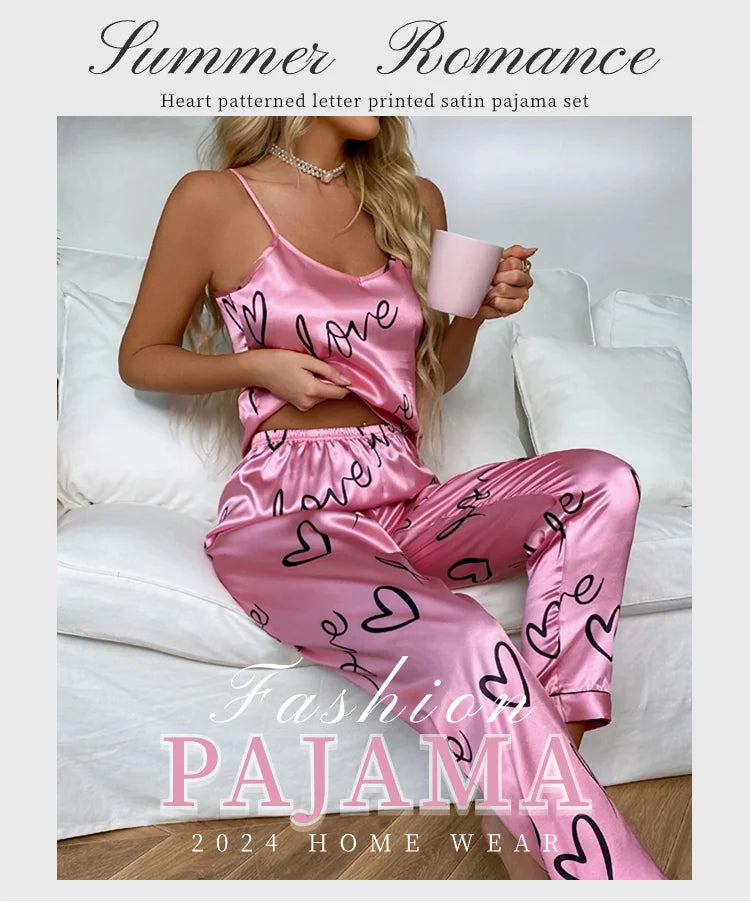 2PCS Sexy Women's Satin Pajama Set - V Neck Sleeveless Lingerie with Suspenders and Pants, Home Wear Loungewear