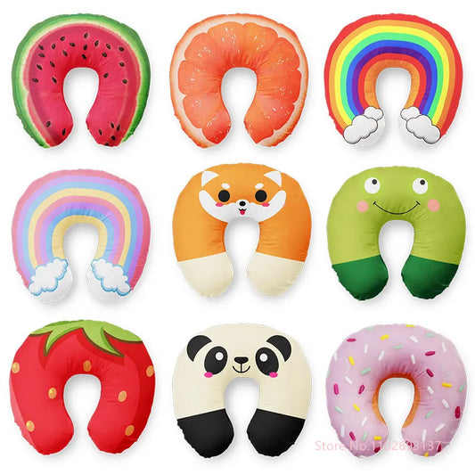 Colorful Cartoon INS Style U-Shaped Travel Neck Pillow – Panda, Rainbow, Cloud, and Fruit Inflatable Cushion for Kids, Adults, Family, and Friends