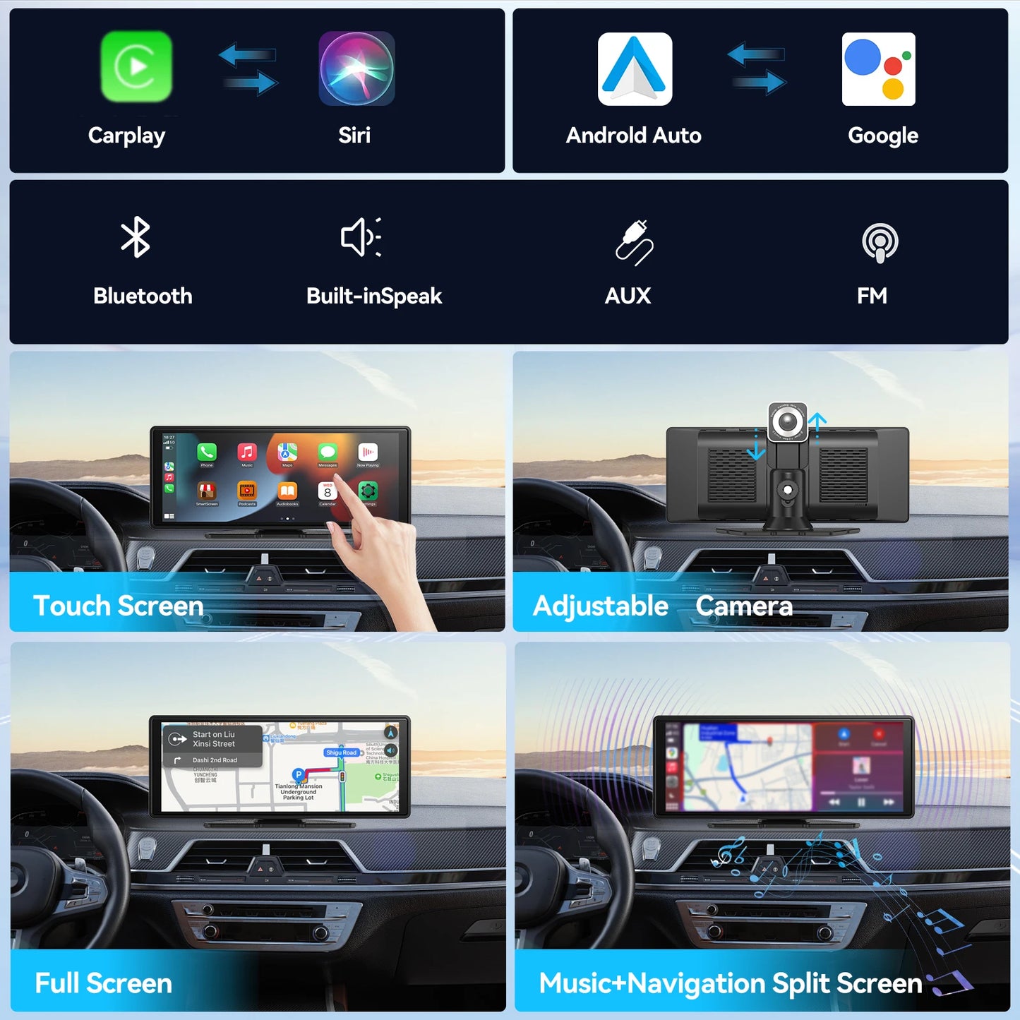 Universal Portable CarPlay Screen - Wireless Car Stereo with Android Auto, Car Touchscreen for All Cars