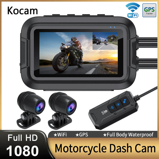 Dual 1080P Motorcycle DVR - Full Body Waterproof Camera with WiFi, GPS, Front and Rear Dash Cam Video Recorder Black Box