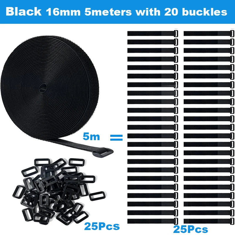 5 Meters Reusable Cable Ties – Adjustable Lengths Hook and Loop Self-Adhesive Fastener Tape with 20 Buckles for Cable Organization