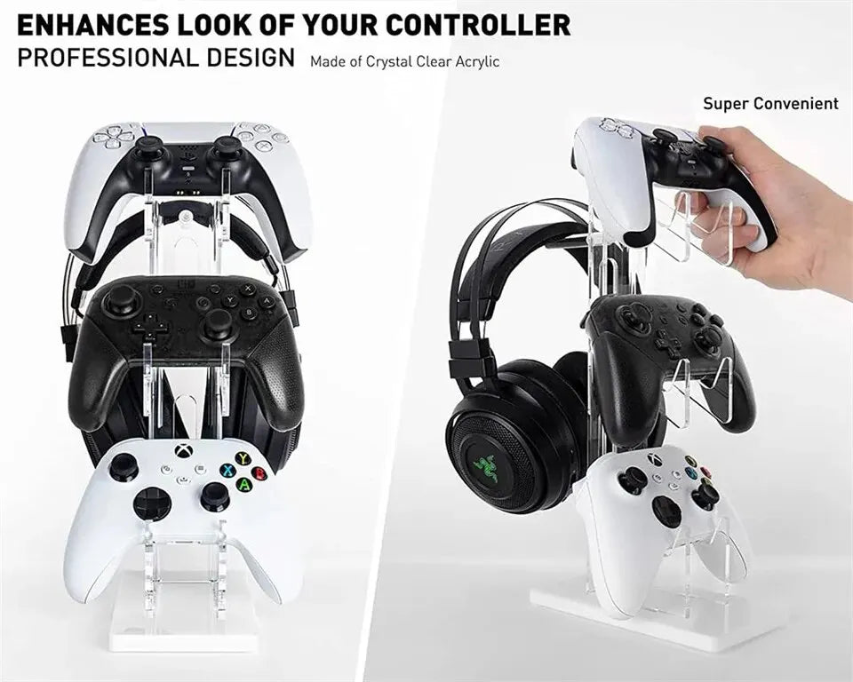 Game Controller & Headphone Holder - Acrylic Clear Display Stand, Compatible with PS5, PS4, Nintendo Switch, and Xbox