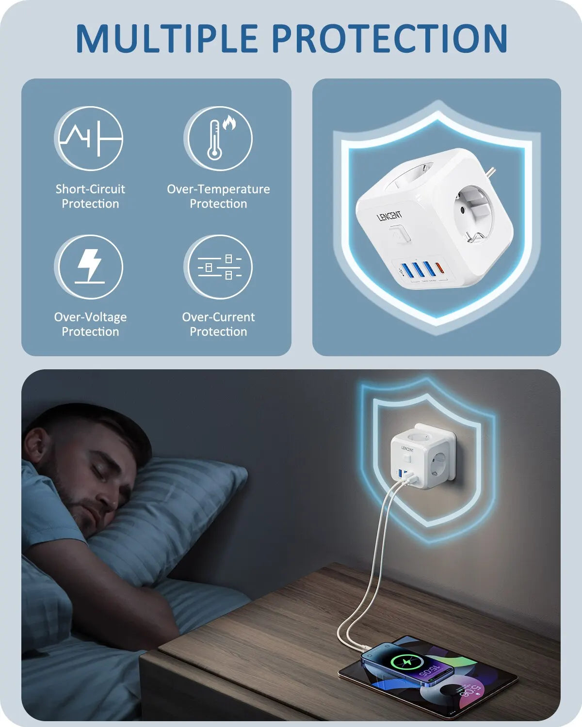 LENCENT 7-in-1 Wall Socket Extender - 3 AC Outlets, 3 USB Ports, 1 Type C, EU Plug Charger with On/Off Switch for Home Convenience