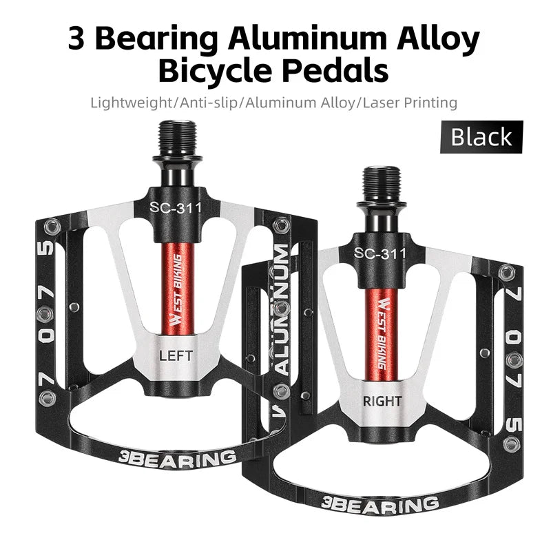 WEST BIKING 3-Bearing Bicycle Pedals - CNC Aluminum Alloy, Anti-Slip, Wide for MTB and Road Bikes - Professional Cycling Accessories