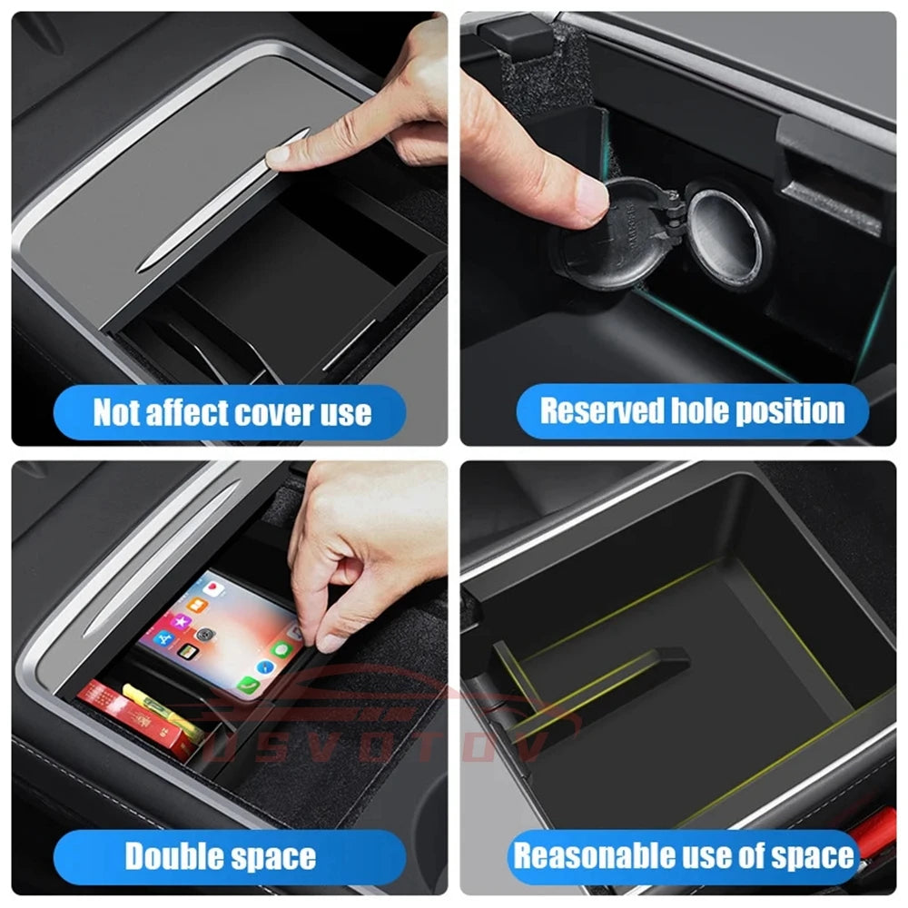 Center Console Trays for Tesla Model 3 Y - Highland Organizer Accessories, Under Seat Storage Box Armrest Hidden Bins Cup Holder