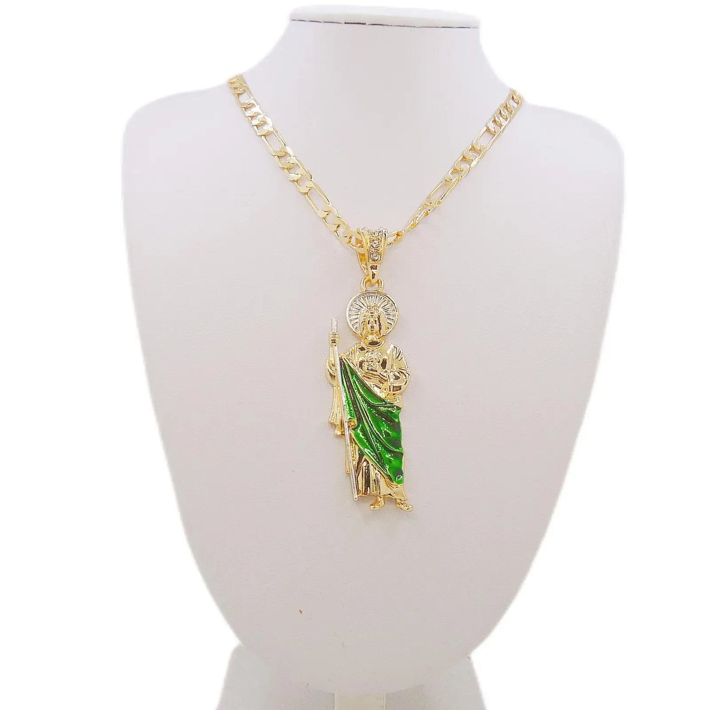 Saint Jude Necklace - 14K Gold Plated San Judas Pendant with Figaro Chain