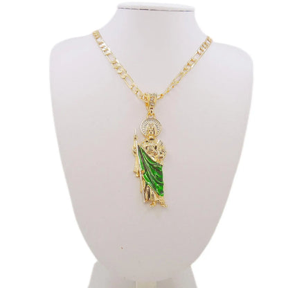 Saint Jude Necklace - 14K Gold Plated San Judas Pendant with Figaro Chain