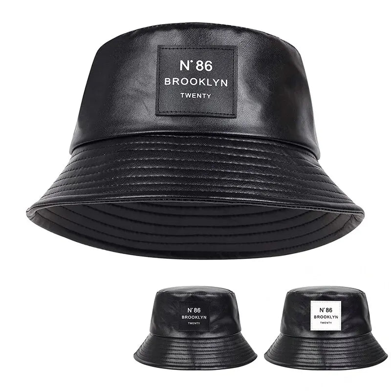 Unisex N86 Label PU Leather Bucket Hat - Personality Fisherman Cap with Sunscreen, Casual Outdoor Wear