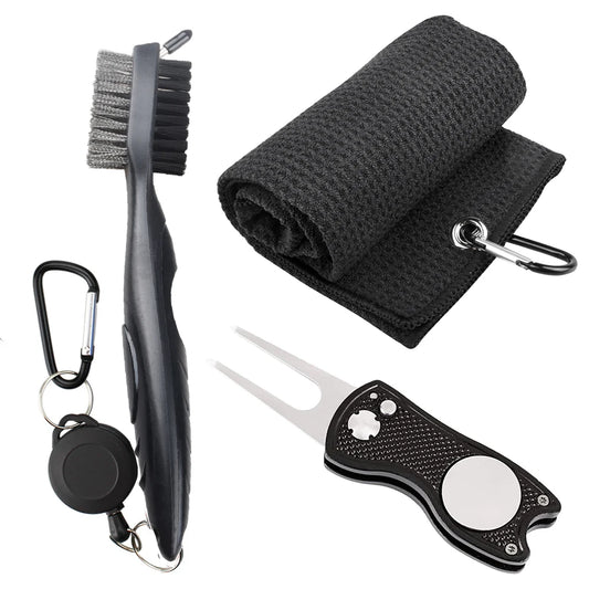 Golf Towel Microfiber Waffle Pattern Brush Tool Kit: Club Groove Cleaner & Divot Repair Tool - Essential Golf Accessories