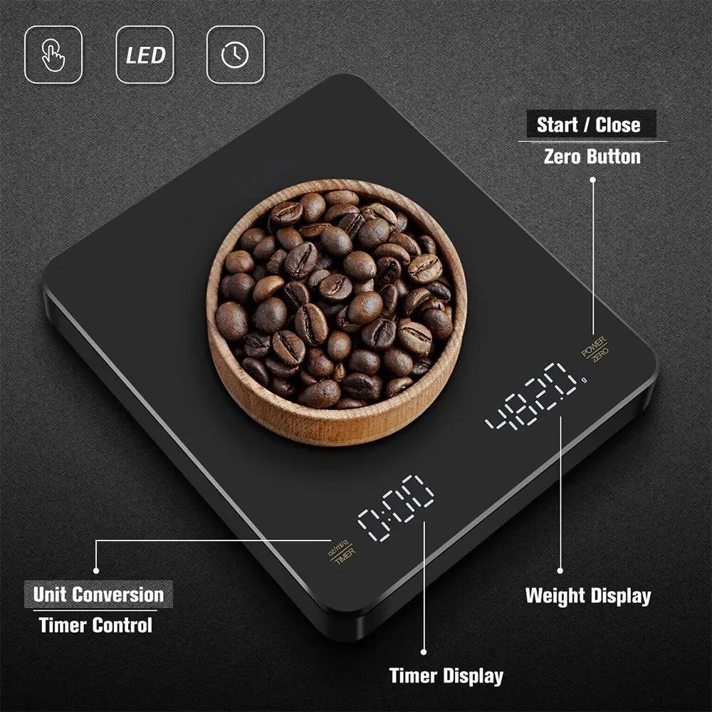 USB-powered Digital Coffee Scale with Timer, LED Display, and 3kg Max Weight