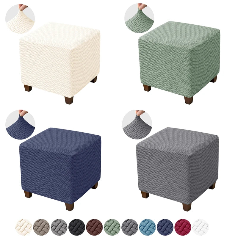 Solid Color Elastic Jacquard Ottoman Cover - Square Footrest All-inclusive Slipcovers - Anti-Slip Stool Covers