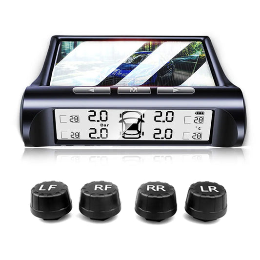 Car Solar Power TPMS: Digital Tire Pressure Alarm with 4 External Sensors | Auto Warning Monitoring System