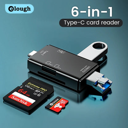 Elough 6 in 1 Card Reader: OTG Type C Micro SD Card Reader, USB 2.0 TF CF Cardreader Adapter - Flash Drive Smart Memory Card Reader