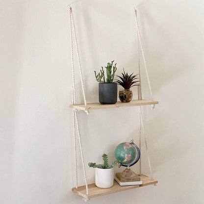 Wooden Rope Swing Wall Hanging Plant Tray | Floating Wall Shelves for Flowers | Nordic Home Decoration with Modern Simple Design