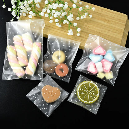 100pcs Transparent Polka Dot Cellophane Bags - DIY Self-Adhesive Candy Cookie Gift Packing Pouches - Perfect for Party Favors