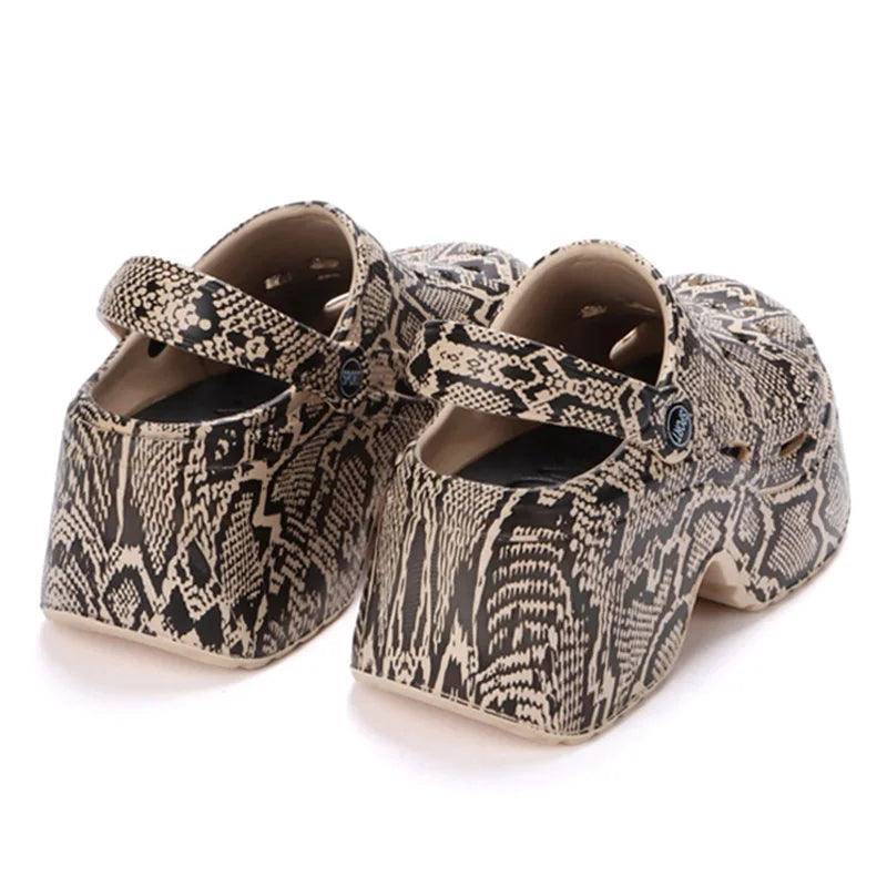 Leopard Print Thick Bottom Clogs for Women - Closed Toe Chunky Platform Sandals with Super High Wedge Heel, Summer 2023