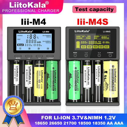 LiitoKala Lii-M4S Lii-M4 Rechargeable Battery Charger: 3.7V Lithium-ion & 1.2V Ni-MH AA Capacity Tester for 18650, 26650, 21700, 18500 Batteries