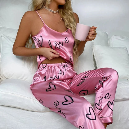 2PCS Sexy Women's Satin Pajama Set - V Neck Sleeveless Lingerie with Suspenders and Pants, Home Wear Loungewear