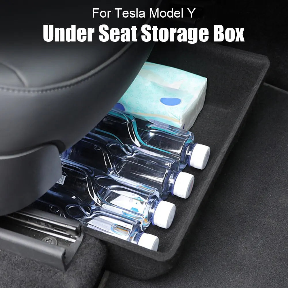 Tesla Model Y High-Capacity Organizer Case: Felt Cloth Drawer Holder Under Seat Hidden Storage Box - Black