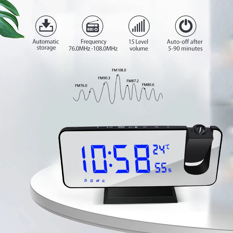 LED Digital Alarm Clock – USB Charging, FM Radio, Time Projector, Snooze Function, and Dual Alarms for Desktop