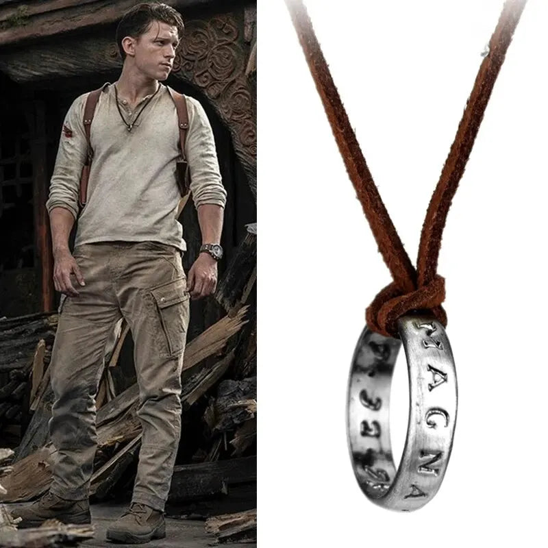 Uncharted 4 Nathan Drake Necklace - Cosplay Ring with Leather Cord, Ancient Vintage Pendant, Movie Game Jewelry Prop