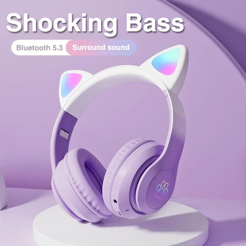 New Cat Bluetooth Headphones with Wireless Gradient LED Light & Mic, Kids' Stereo Music Headset, Perfect Gamer Gift