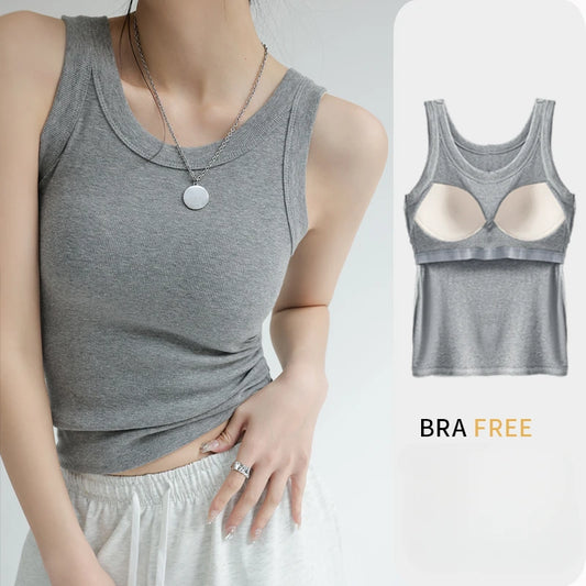 2024 New Women's Ribbed Tank Top - Solid Round Neck Camisole with Chest Pad | Summer Basic Elastic Y2K One-Piece Vest