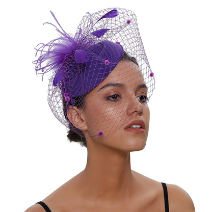 Women's Felt Fascinator Hat with Fishnet Veil - Small Plush Wave Point Decor Hair Clips, Wedding Bridal Cocktail Headwear