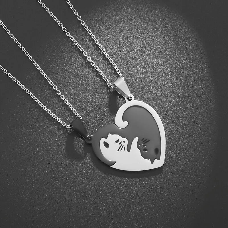 Hot Hug Love Pet Cat Couple Necklace – Stainless Steel Fashion Pendant for Men and Women, Best Friend BFF Jewelry Gift